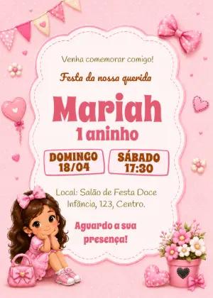 Convite de Aniversário Menina Fofa Rosa para Editar