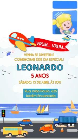 Convite Animado Aniversário Meios de Transporte para Editar Online