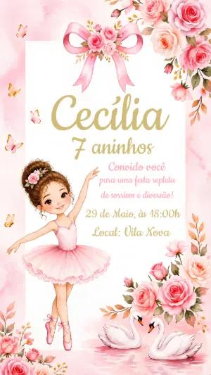 Convite de Aniversário Bailarina Rosa Modelo Editável