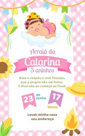 Convite Digital Arraiá Infantil Menina Fofo para Editar