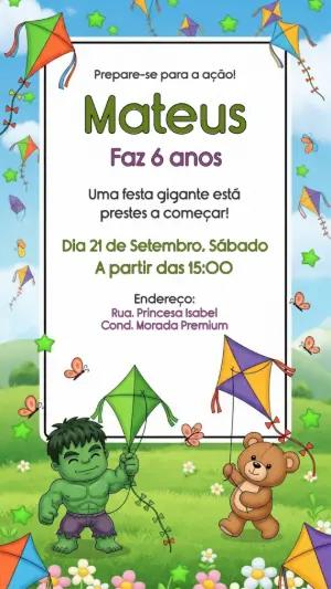 Convite Aniversário Incrível Hulk com Pipa para Editar Online