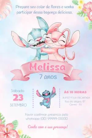 Convite Aniversário Stitch e Angel Aquarela para Editar