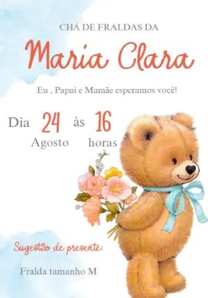 Convite Chá de Fraldas Ursinha com Flores para Editar Online