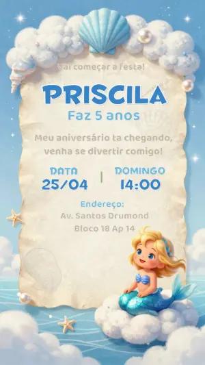 Convite de Aniversário Sereia Fofa Modelo Editável