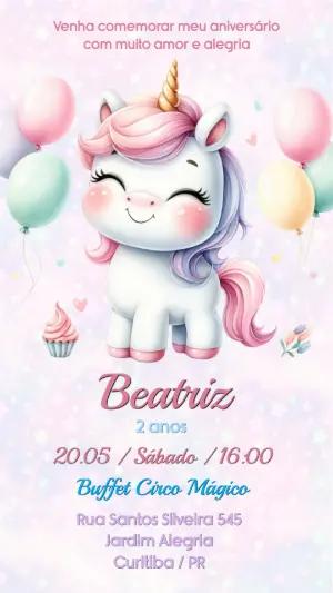 Convite de Aniversário Unicórnio Fofo Editável em Tons Pastel