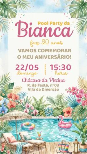 Convite de Aniversário Pool Party Tropical Aquarela Editável