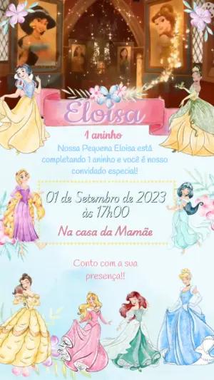 Convite Animado Aniversário Princesas Disney para Editar Online