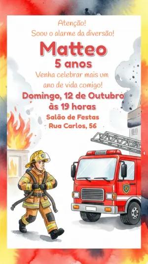 Convite de Aniversário Bombeiro Infantil para Editar