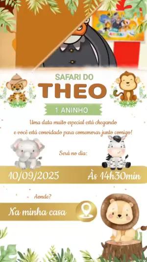Convite Animado Aniversário Safari com Animais para Editar