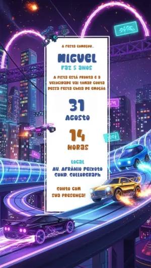 Convite de Aniversário Carros de Corrida Neon para Editar Online