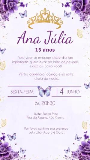 Convite de 15 Anos Lilás com Borboletas e Coroa Editável