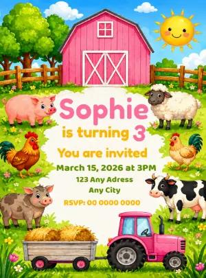 Pink Farm Animals Birthday Invitation Editable Template
