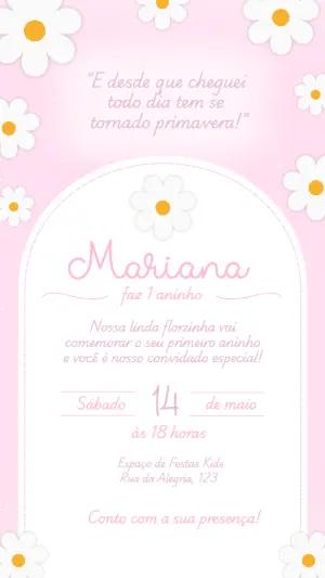 Convite Aniversário 1 Ano Margaridas Rosa Modelo Editável
