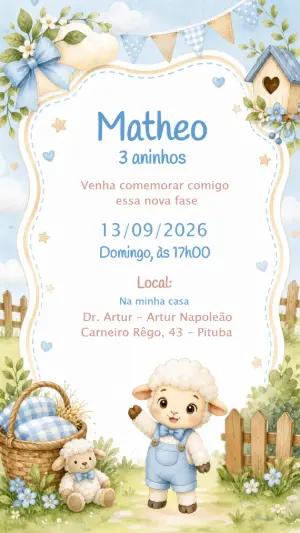 Convite Aniversário Ovelhinha Azul Aquarela para Editar