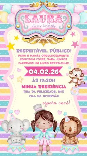 Convite de Aniversário Circo Rosa Menina Editável