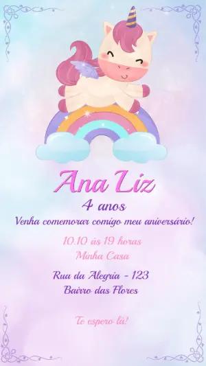 Convite de Aniversário Unicórnio Fofo e Arco-íris para Editar