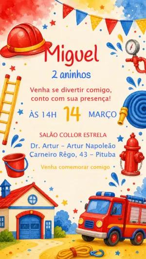 Convite de Aniversário Bombeiro Aquarela para Editar