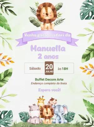 Convite Aniversário Safari com Animais Fofos para Editar Online