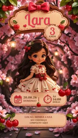 Convite Animado Aniversário Tema Cerejinha para Editar