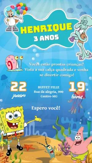 Convite Animado Bob Esponja para Aniversário Infantil Editável