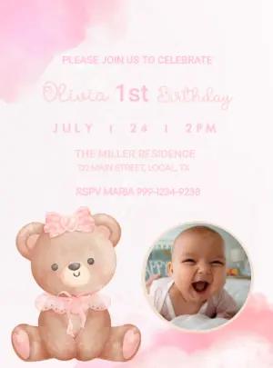 Editable 1st Birthday Invitation with Cute Teddy Bear in Pink