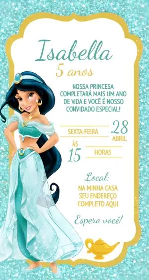 Convite de Aniversário Princesa Jasmine Glitter para Editar