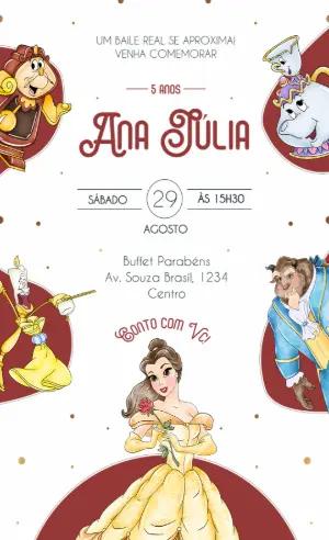 Convite de Aniversário A Bela e a Fera Aquarela Editável