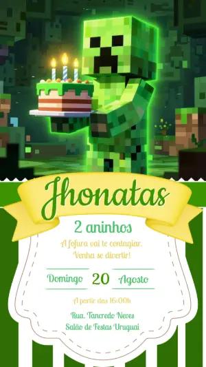 Convite de Aniversário Minecraft Creeper Verde para Editar