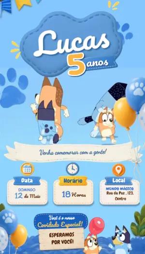 Convite Animado Bluey: Vídeo de Aniversário Infantil para Editar