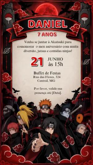 Convite de Aniversário Naruto Akatsuki Editável para Enviar