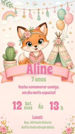 Convite Editável Aniversário Raposinha Boho