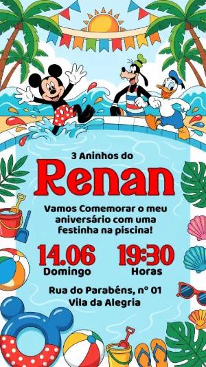 Convite de Aniversário Mickey na Piscina para Editar