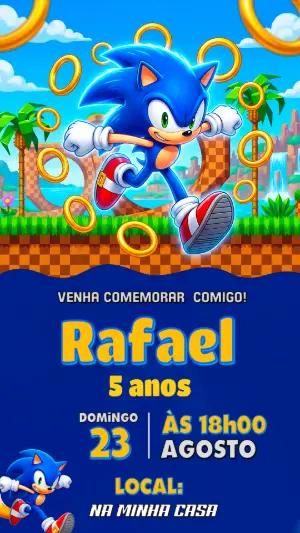 Convite de Aniversário Sonic Estilo Game para Editar