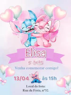 Convite de Aniversário Stitch e Angel para Editar Online