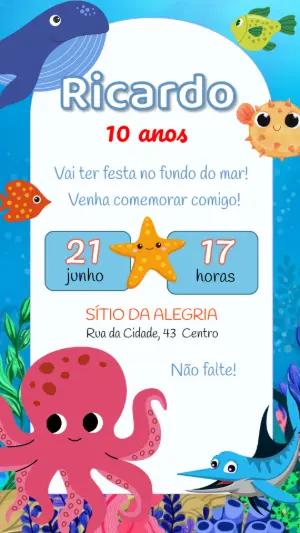 Convite Aniversário Fundo do Mar Editável com Animais Fofos