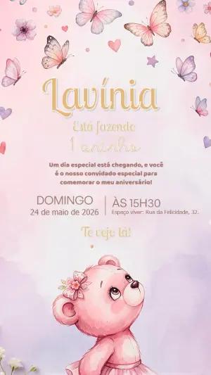 Convite de Aniversário Ursinha Rosa e Borboletas Editável