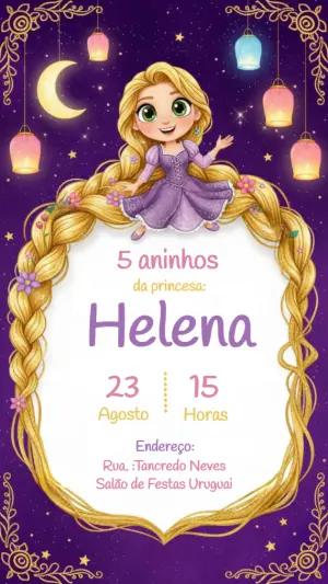 Convite Digital Aniversário Princesa Cabelos Dourados Editável