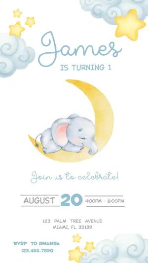 Cute Elephant on Moon Birthday Invitation Template