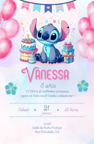 Convite de Aniversário Stitch Aquarela Fofo para Editar