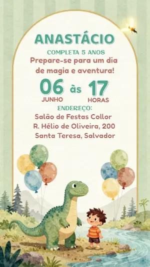 Convite de Aniversário Dinossauro Aquarela para Editar