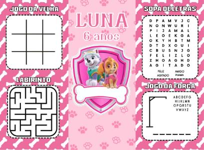 Lembrancinha Patrulha Canina Rosa Revistinha de Jogos Editável