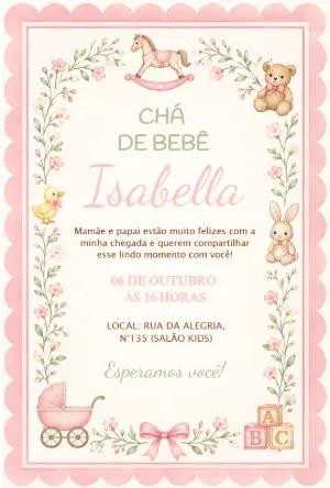 Convite Chá de Bebê Menina Aquarela Brinquedos Rosa Editável
