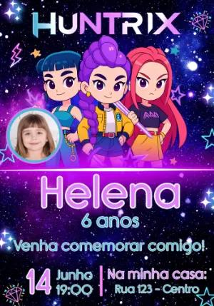 Convite de Aniversário Huntrix Guerreiras K-Pop com Foto para Editar