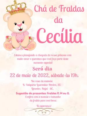 Convite Chá de Fraldas Ursinha Princesa para Editar Online