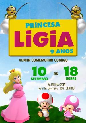 Convite Aniversário Princesa Peach e Mario Editável Online