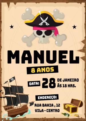Convite de Aniversário Pirata com Caveira para Editar Online