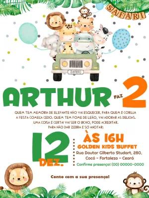 Convite Aniversário Safari com Animais Fofos para Editar Online