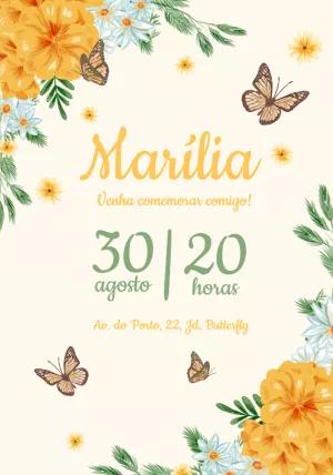 Convite de Aniversário Borboletas e Flores para Editar Online