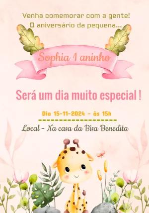 Convite Aniversário Girafinha Aquarela para Editar Online