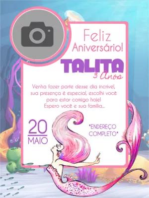 Convite Aniversário Sereia com Foto para Editar Online